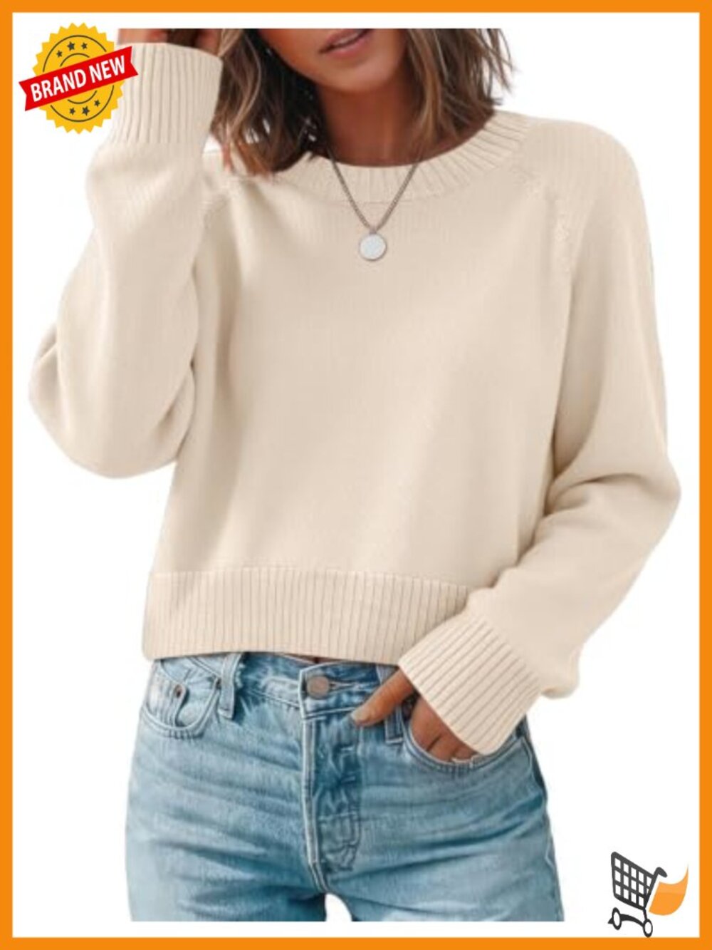 Cropped Crewneck Long Sleeve Knit Sweater Viscose Blend Pullover